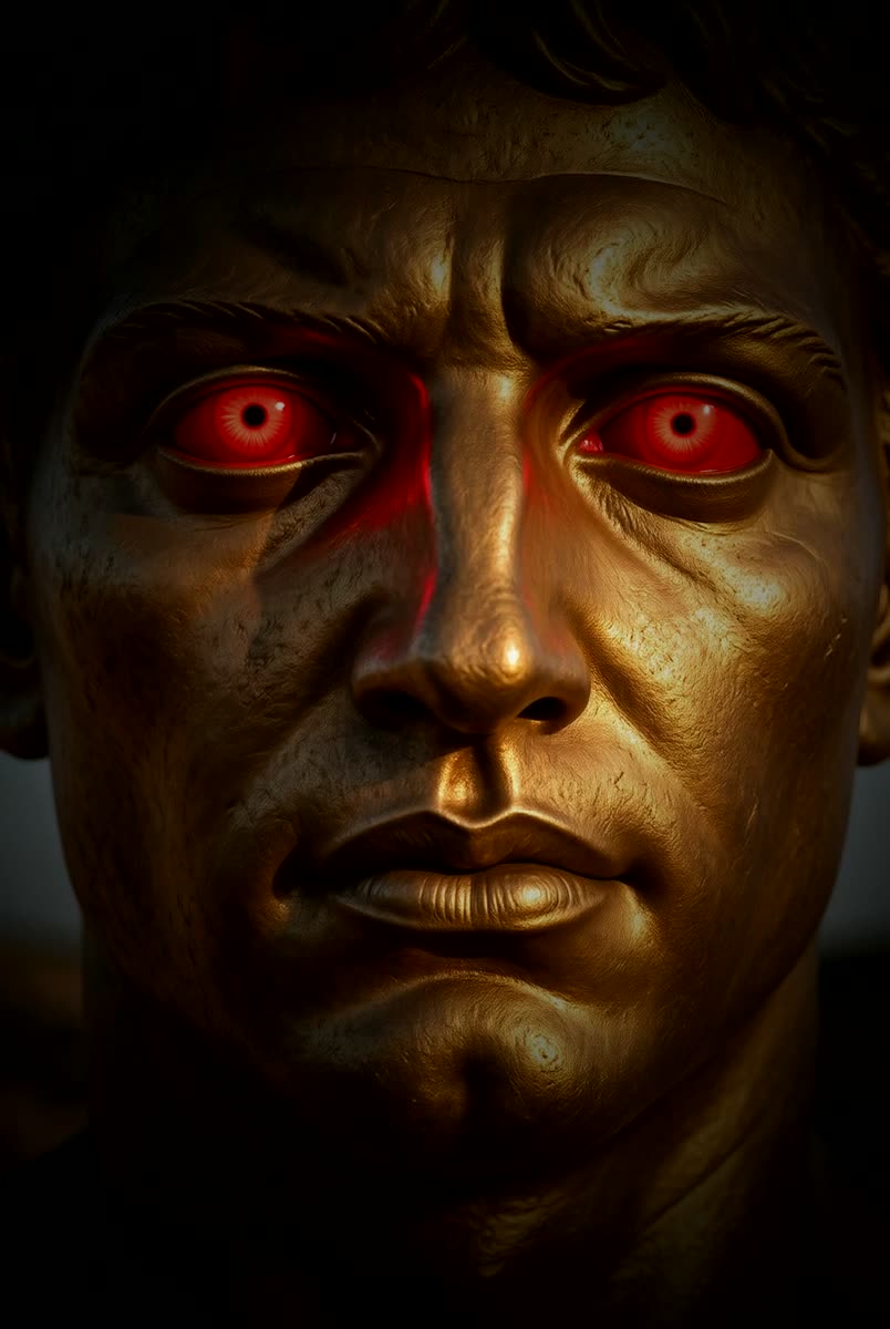 The bronze guardian of stabme.ink, close on his face, at rest in the dark.